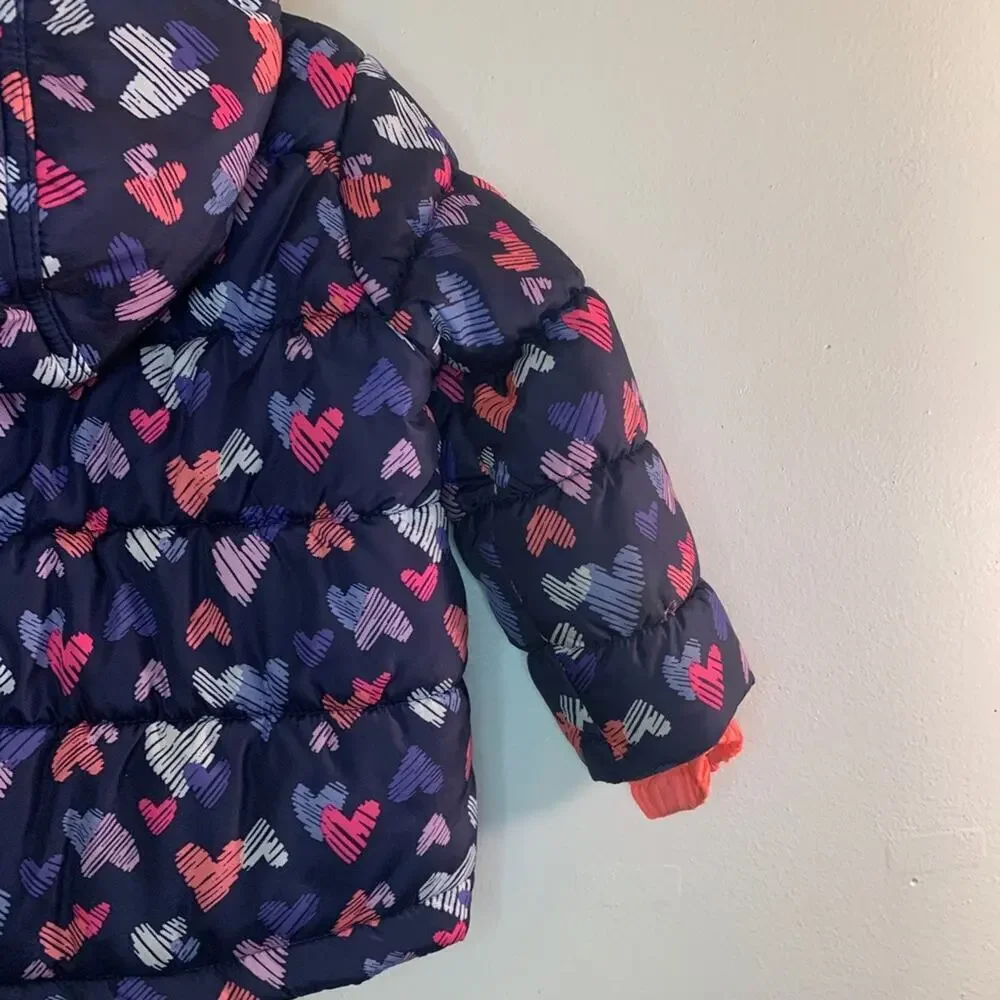 OSHKOSH B’GOSH Girl’s Navy Puffer Coat with Hearts & Fleece Lining / Size: 3T